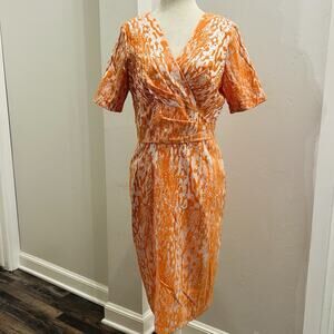 Bigio Women’s Orange Sheath Dress Short Sleeve V Neck Size 8 (A0128)